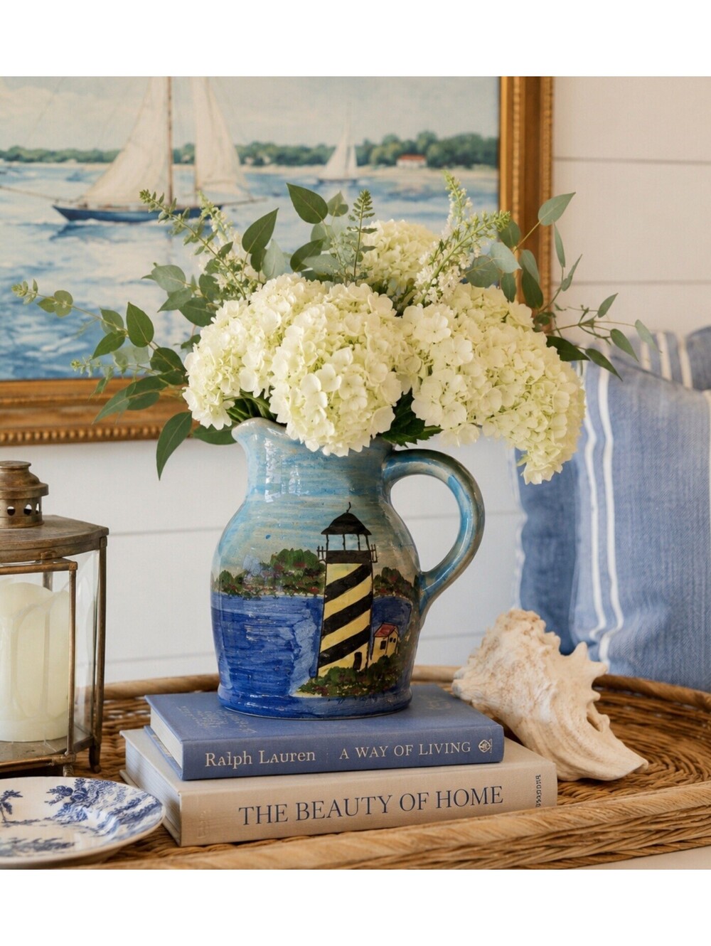 WCL Hand Painted Lighthouse Stoneware Pitcher Sz 7.5" Blue Coastal Cottage Vase